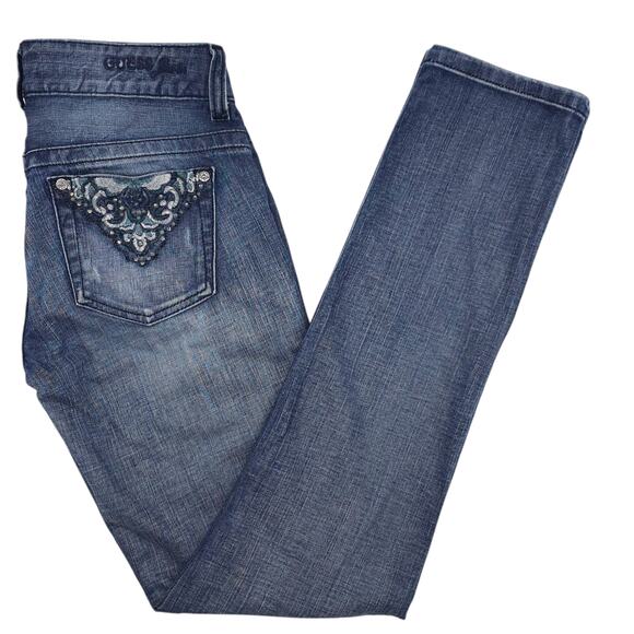 Guess Jeans Womens 27 Blue Skinny Low Rise Daredevil Distressed Embellished Y2K - Picture 1 of 12